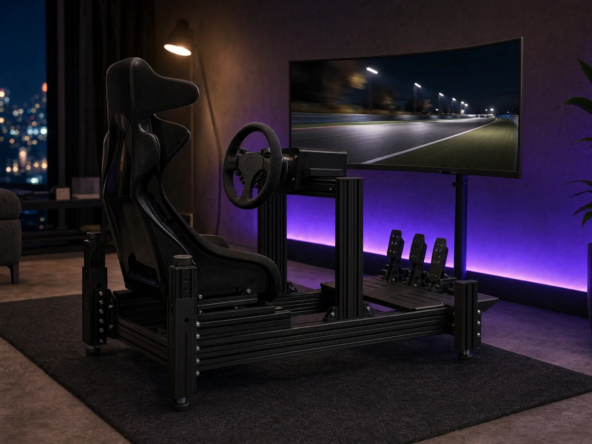 GT-120 set up at home with a wheelbase and a curved monitor