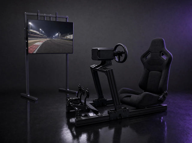 Fold-80 Starter Pack: Fold-80 Folding Sim Racing Cockpit, 4080 Aluminum, Up to 10 Nm, RS-2 Reclining Seat, ST-1 Steel TV Stand