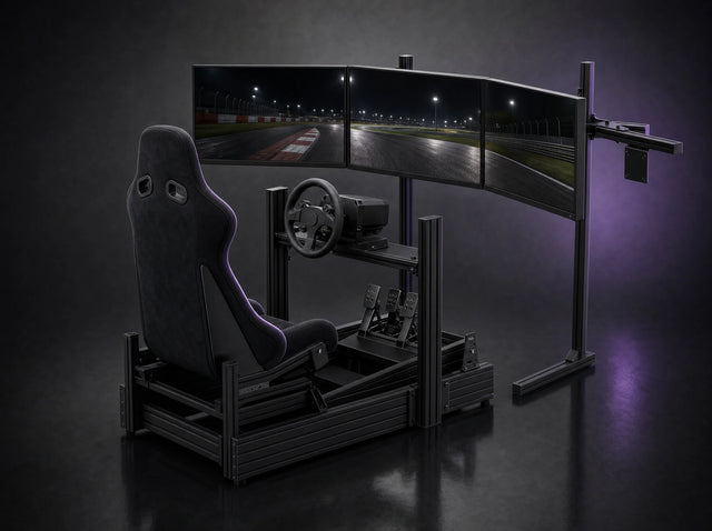 GT-80 Race Pack: GT-80 Aluminum Sim Racing Cockpit, 4080 Profile, Direct Drive Ready, FB-3 Fiberglass Bucket Seat, 3 Sizes, TS-80 Triple Monitor Stand