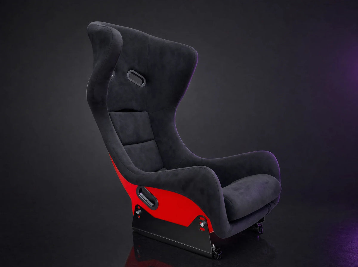 FB-1 fiberglass bucket seat in black suede with red shell