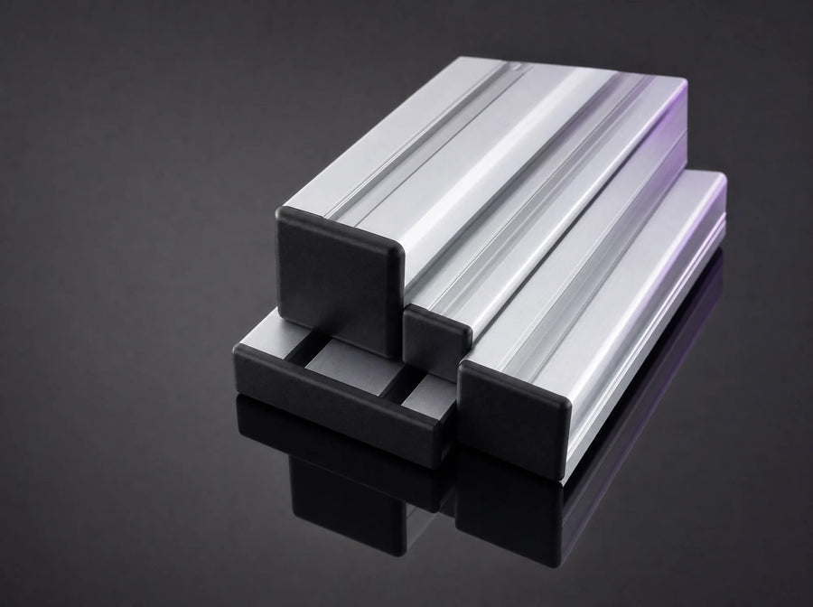Black plastic end cap fitted on an aluminum profile