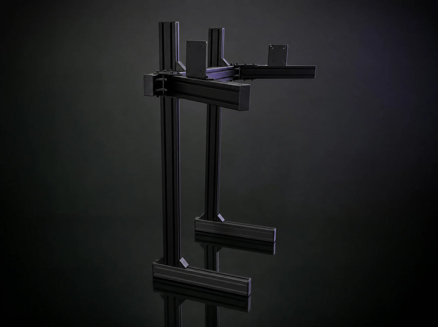 RT-3 rig-mounted triple monitor mount in black aluminum