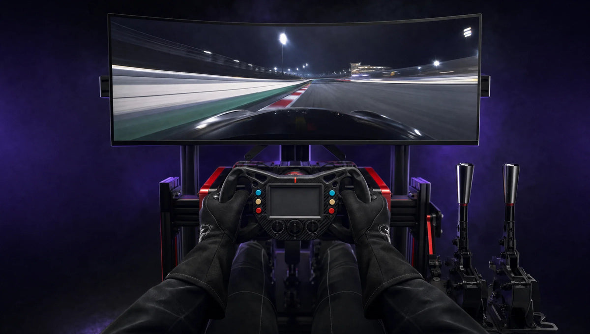 Driver view from a sim racing cockpit at night