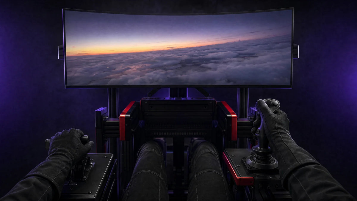 Pilot view with flight stick and throttle above the clouds