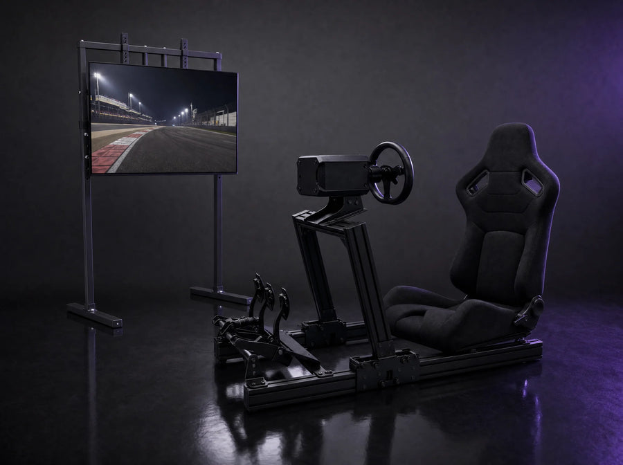 Fold-80 Starter Pack: Fold-80 Folding Sim Racing Cockpit, 4080 Aluminum, Up to 10 Nm, RS-2 Reclining Seat, ST-1 Steel TV Stand