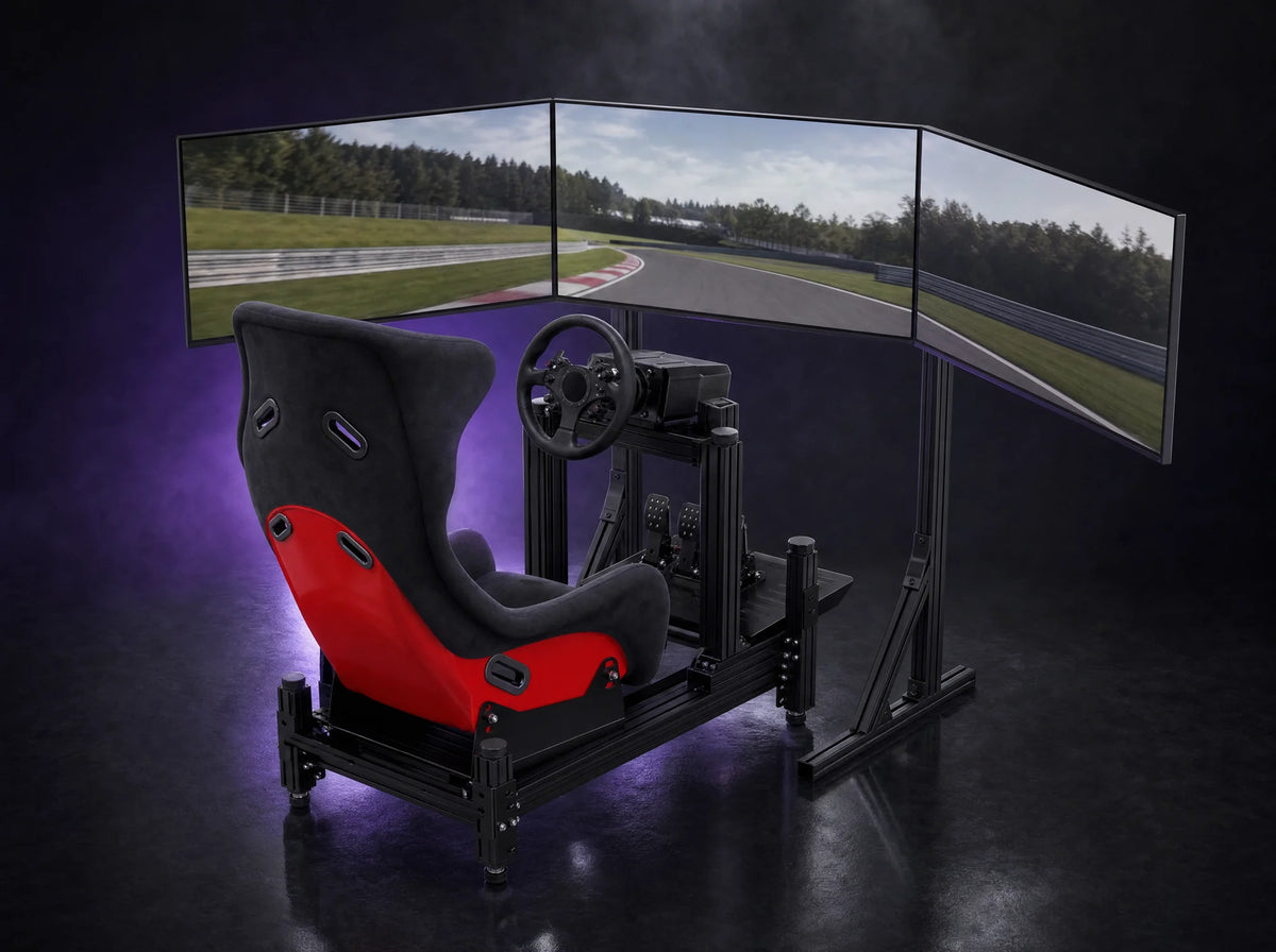 GT-120 Endurance Pack: GT-120 Aluminum Sim Racing Cockpit, 40120 Profile, Up to 25 Nm, FB-1 Fiberglass Bucket Seat, TV-3 Triple TV Stand