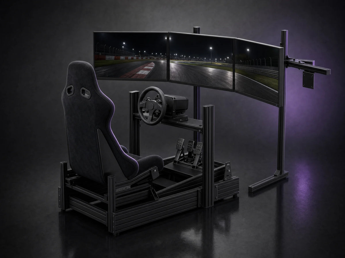 GT-80 Race Pack: GT-80 Aluminum Sim Racing Cockpit, 4080 Profile, Direct Drive Ready, FB-3 Fiberglass Bucket Seat, 3 Sizes, TS-80 Triple Monitor Stand