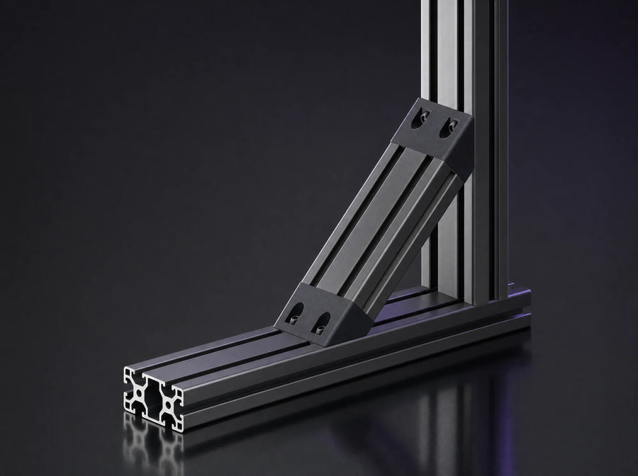 Black aluminum corner bracket bracing two profiles
