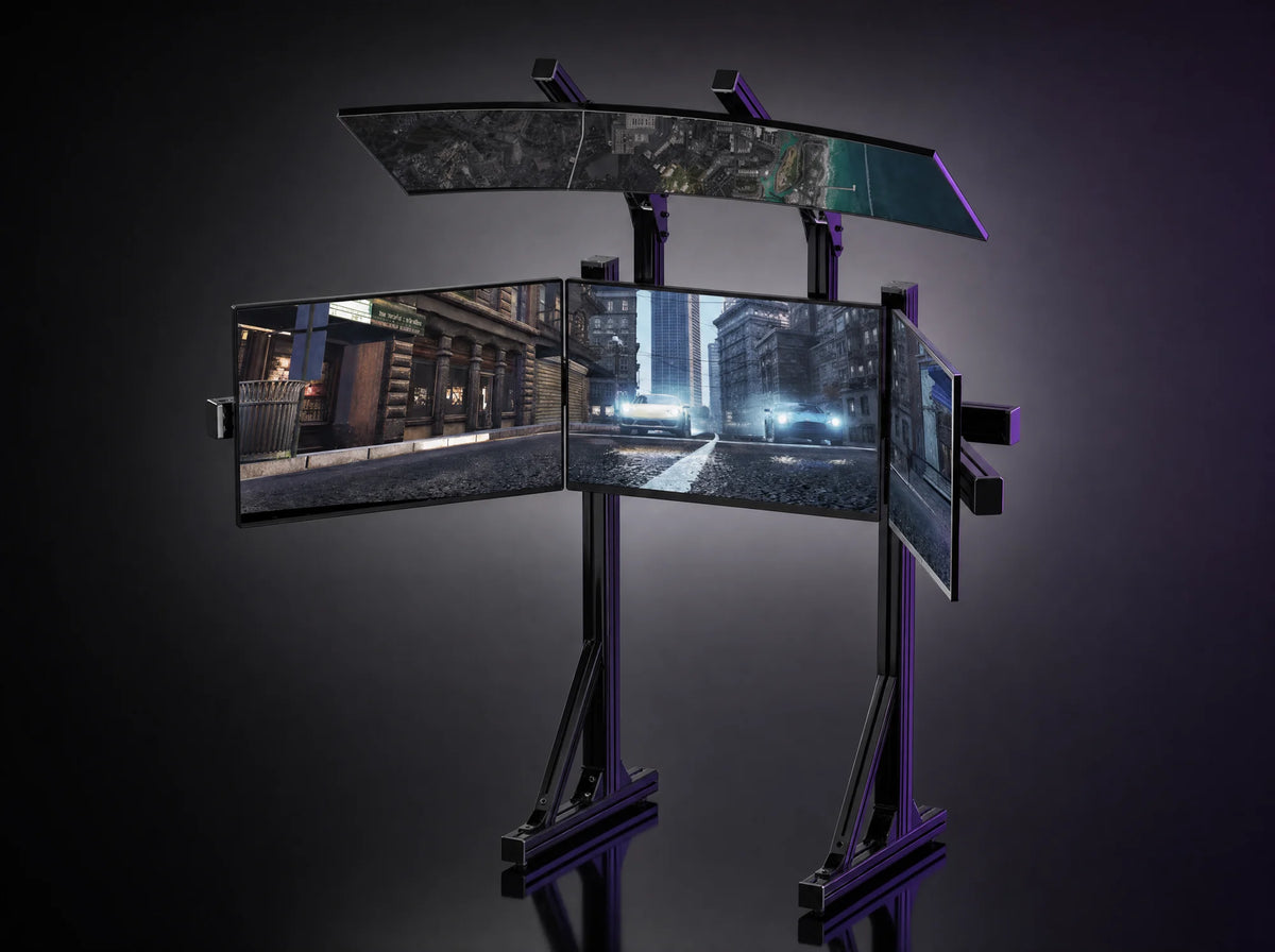 QS-4 quad screen stand with three screens and one overhead