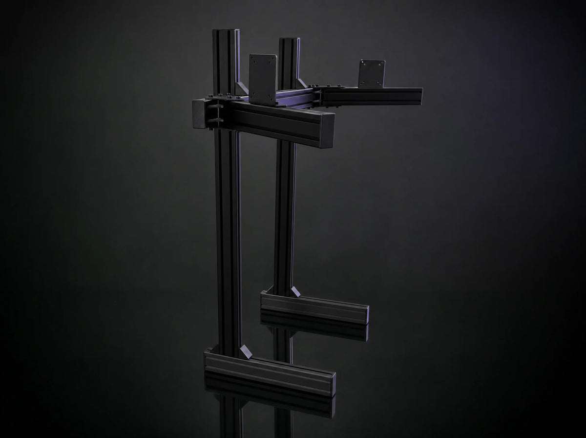 RT-3 rig-mounted triple monitor mount in black aluminum