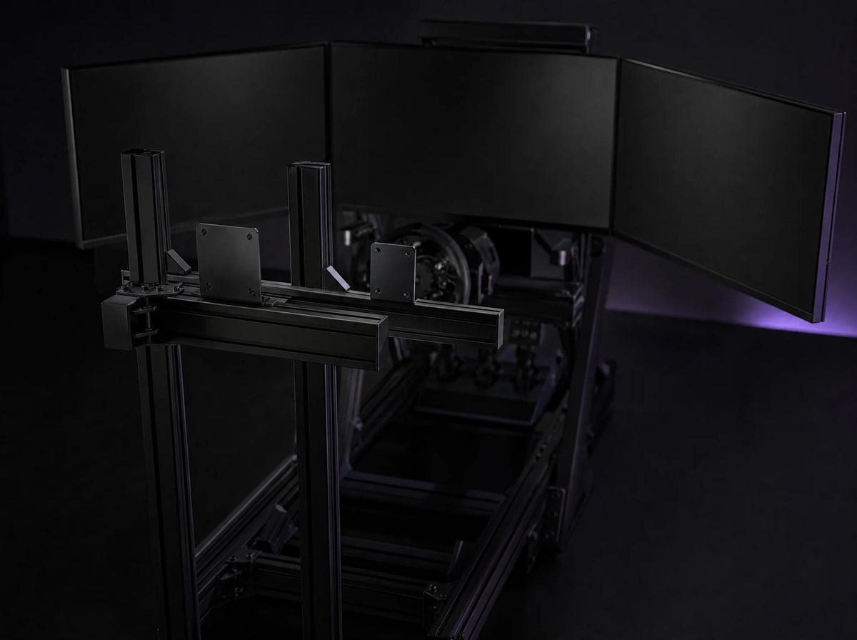 RT-3 mount bolted to a sim rig with three monitors