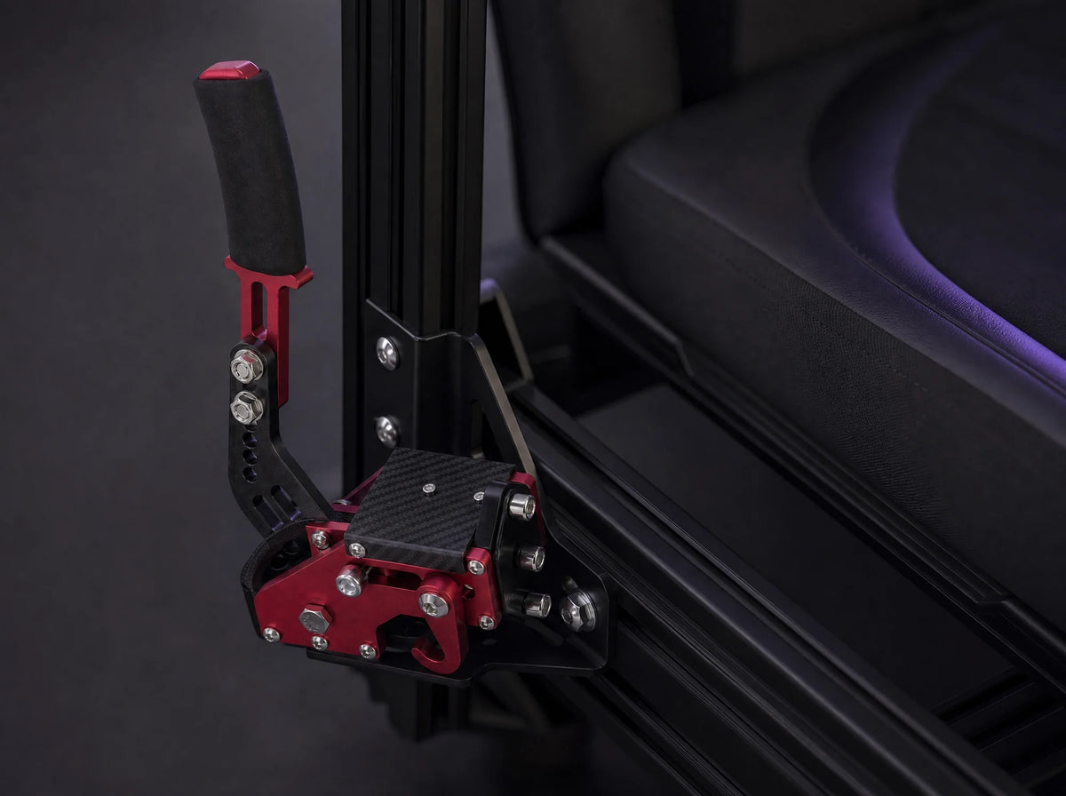 HB-14 handbrake clamped beside the seat of a sim rig