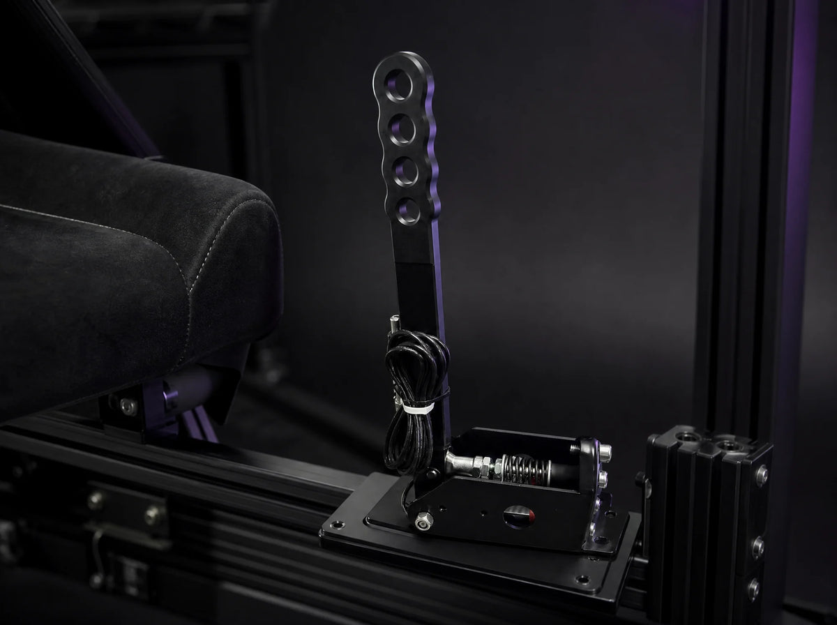 HB-2 handbrake bolted beside the seat of a sim rig
